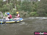 Hairy lesbian fingered in rafting threesome 3/16