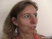 Old lady in fishnets swallows two cocks 2/16