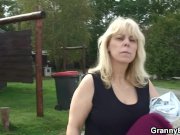 Blonde granny ride stranger's cock on public 2/16