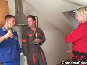 Two repairmen fuck busty grandma 9/16