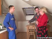 Two repairmen share busty grandma  5/16