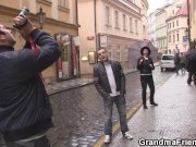 Old mature in red lingerie takes two cocks 1/16