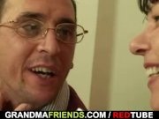 Two dudes seduce mature fatty 2/16