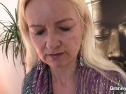 Blonde skinny granny jumps on big meat 1/16