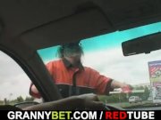 Blond granny has threesome outdoors 2/16