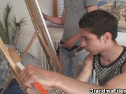 Skinny granny swallows two cocks 4/16