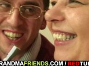 Horny plumper takes two dicks at once 2/16