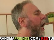 Granny in white lingerie swallowing two cocks 16/16