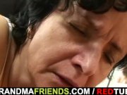 Granny in white lingerie swallowing two cocks 3/16