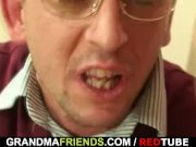 Plump mature bitch takes two young cocks 3/16