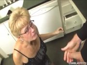 Short-haired grandma gets facialized 16/16