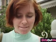 Cute hairy lesbians lick each other outdoors 1/16