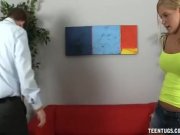 Naughty teen handjob on the couch 1/16