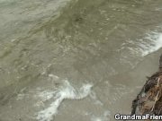 Blonde old women swallows two cocks outdoor 1/16