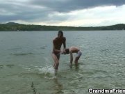 Blonde old women swallows two cocks outdoor 5/16