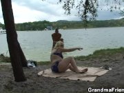 Blonde old women swallows two cocks outdoor 6/16