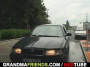 Old bitch takes two cocks outside 1/16