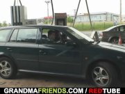 Old bitch takes two cocks outside 2/16