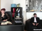 Business lady spreds her old pussy for 2 cocks 8/16