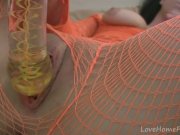 Horny sweetheart in fishnet lingerie masturbates with vigor  11/16