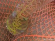 Horny sweetheart in fishnet lingerie masturbates with vigor  4/16