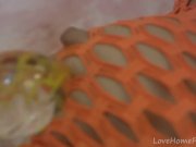 Horny sweetheart in fishnet lingerie masturbates with vigor  5/16