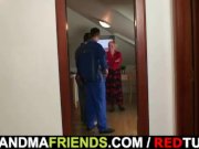 Two repairmen bang busty grandma from both ends 3/16