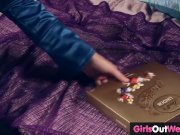 Charming hairy girl masturbates with two sex toys 1/16