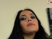 Horny brunette in black pantyhose shows feet 1/16