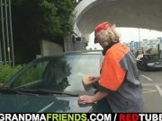 Blonde granny has threesome outdoors 1/16