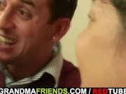 Plump mature bitch takes two young cocks 2/16