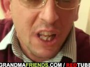 Plump mature bitch takes two young cocks 3/16