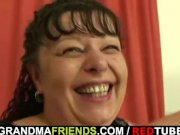 Plump mature bitch takes two young cocks 9/16