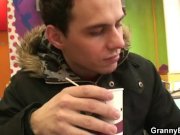 Young guy picks up huge old grandma in cafe 1/16