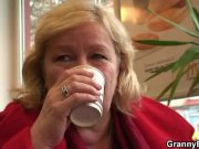 Young guy picks up huge old grandma in cafe 3/16