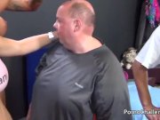 Huge fat man gets lucky with 3 hot porno chicks 4/16