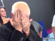 Huge fat man gets lucky with 3 hot porno chicks 5/16