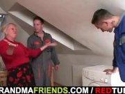 Nasty granny takes two cocks 2/16