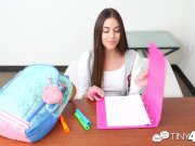 Tiny4k Brunette student Arielle Faye fits huge dick in her tiny pussy 4/16