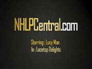 Sweet blonde teen strips and plays in delicate lingerie and pink stockings 1/16