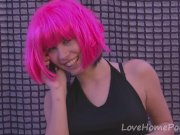 Neon pink-haired beauty rubs her wet pussy 2/16