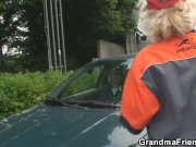 Blonde old lady takes double penetration in the fields 1/16