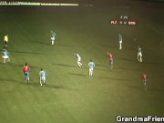 Very old blonde granny swallows two cocks 1/16