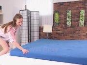 Brunette girl pisses over her bedsheets during frantic sex 1/16