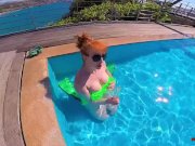 Horny redhead MILF fucks herself in the pool, until cock arrives! 1/16