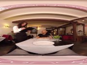 VRBangers - Public Sex with Two Babes in Caffe 4/16