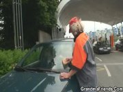 Old slut swallows two cocks in fields 1/16