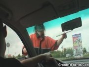 Old slut swallows two cocks in fields 2/16