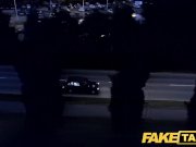 Fake Taxi Sexy blonde in tight denim shorts with fishnets and heels 9/16