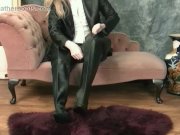 Busty blonde babe upskirt in nylons leather thigh boots and opens up blouse 8/16